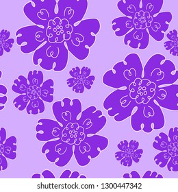 Abstract puprle flower, hand drawn element, vector seamless pattern on bright background. 