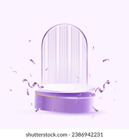 Abstract purple 3D space with realistic white cylindrical pedestal podium set. Minimal scene for product display presentation. Vector geometric platform. ribbon spread and scatter.Stage for exhibition