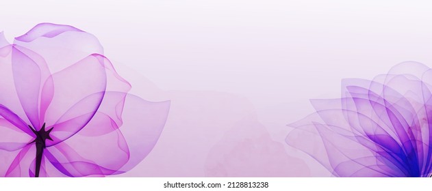 Abstract purple art background with flowers. Botanical banner with watercolor textures for decoration, design, wallpaper