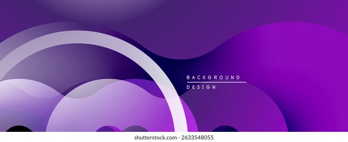 Abstract purple backdrop features overlapping curved shapes. Gradient shades create depth, modern aesthetic. Minimalist design.