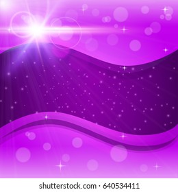 Abstract purple background with bokeh and shadows. Tender girlish banner or flyer with waves. Sunshine lens flare. Glowing light rays, bokeh and sparkles. Sun flash with radiate solar camera effect.