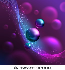 abstract purple background with colorful 3d balls, lines and sparks, vector illustration