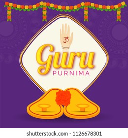 Abstract purple background decorated with mandala design and floral garland for Guru Purnima celebration.