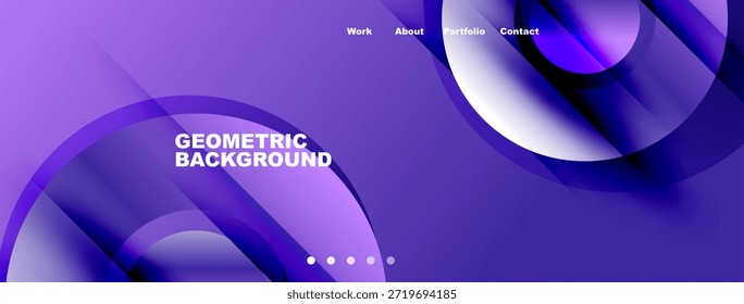 El fondo púrpura Abstractas presenta Formas geométricas fluidas. El menú de navegación incluye trabajo, información, Cartera y opciones de contacto. Los puntos indican más contenido.