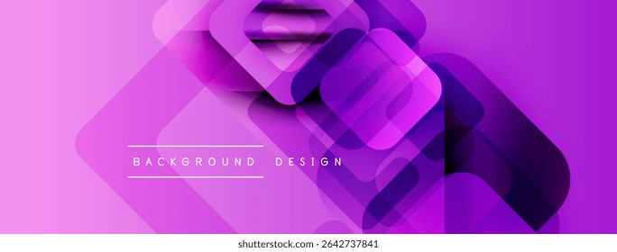 Abstract purple background features overlapping squares, rectangles. Modern design elements create dynamic visual texture.