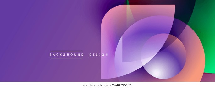 Abstract purple background features overlapping translucent shapes. Gradient colors blend, creating modern design element. Text reads background design.