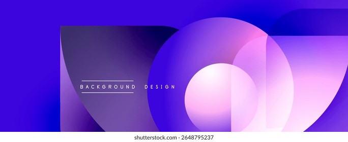 Abstract purple background features overlapping circles, gradients. Text reads background design. Modern, vibrant visual composition.