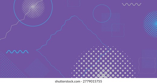 Abstract purple background featuring geometric shapes with dotted circles and wavy lines