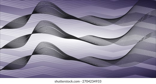 "Abstractas fondo púrpura con líneas ondulatorias negras y patrones geométricos en capas, creando un efecto visual dinámico, moderno y elegante".