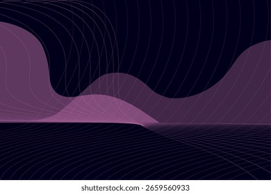 Abstract purple background with flowing grid lines and wavy shapes. Ideal for tech visuals, digital art, and futuristic design elements.