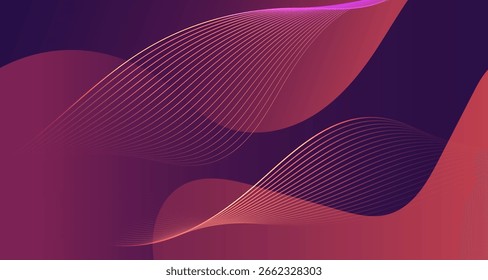 Fundo roxo abstrato com linhas curvas brilhantes e design de onda moderno