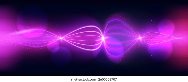 Abstract purple background with glowing lines of light curling with sequins and blinks sparse around with bokeh. Cosmic banner and cover. illustration.