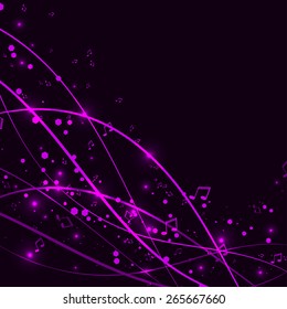 Abstract purple background with lines, stars and notes. Vector EPS 10