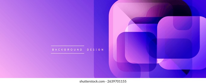Abstract purple background. Overlapping squares create modern design. Gradient shades offer visual depth, simple text included.