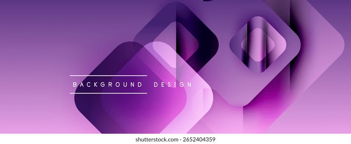 Abstract purple background. Overlapping squares create dynamic visual effect. Modern design elements suggest innovation, technology.