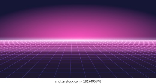 Abstract purple background with perspective. Digital futuristic design - retro 80-90s style. Grid neon surface with glowing effect.