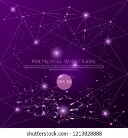 Abstract purple background polygonal digitally drawn futuristic low poly wire frame shape point, composition and lines vector illustration.