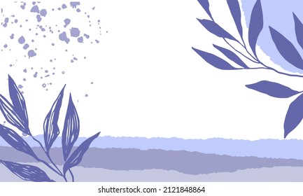 Abstract purple background in a trendy very peri palette. Minimalist leaves and plants banner with space for text