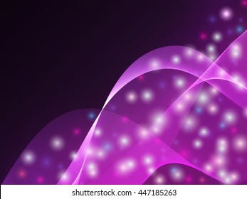 Abstract purple background with wave lines. Backdrop with bokeh. Blank template for design. The smooth curves of the web. Banner with bright stripes. Vector illustration.