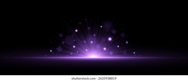 Abstract purple backlight effect with radial beams and bright lights bokeh isolated on black background. Glittering flash with dynamic rays and sparks. Vector illustration