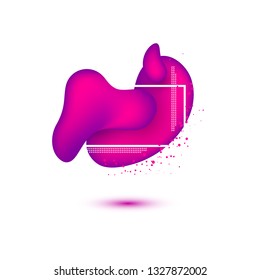 Abstract purple badge, geometric flowing liquid shapes with fluid gradient color and white frame and dots. Isolated on white. Vector trendy design.