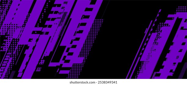 Abstrakter violetter und schwarzer Hintergrund mit geometrischen Formen und Rasterpunkten.