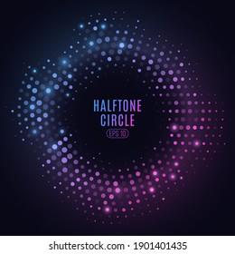 Abstract purple and blue glittering halftone frame. Glowing dots circle for a disco. Festive round frame for graphic design. Retro party background. Vector illustration. EPS 10.