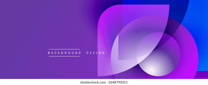 Abstract purple, blue layers create dynamic background. Modern design features overlapping shapes, gradients, text elements.