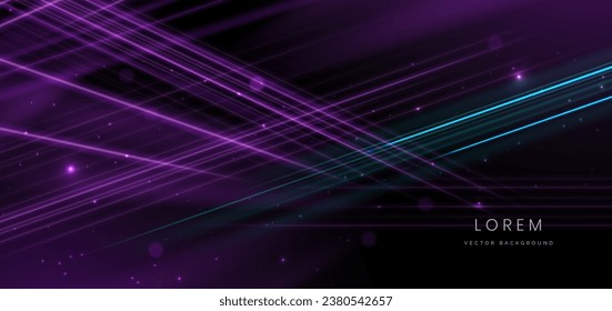 Abstrakte violette und blaue helle Strahlen auf schwarzem Hintergrund mit Lichteffekt und Bokeh. Vektorgrafik