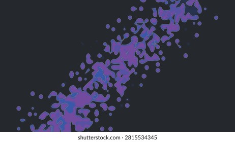 Abstract purple and blue liquid paint splashes with scattered droplets flowing diagonally across a dark charcoal background