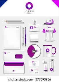 Abstract purple blue pink round logo and corporate identity template realistic set of cups, business card, letterhead, envelope, drive, usb memory sticks and pen. Vector illustration