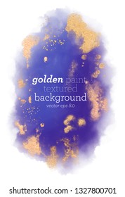 abstract purple blue watercolor gold paint textured background. ultra violet brushstrokes on white background.  ethereal gold invitation card template. eps 8