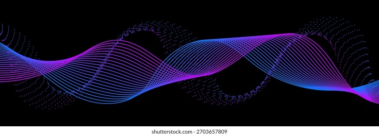 Linhas de Onda Azul e Roxo Abstrato no Plano de Fundo Preto. Papel de parede. Ilustração de vetor