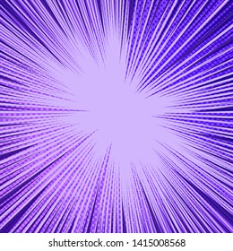 Abstract purple bright explosive background with dynamic rays and halftone effects in comic style. Vector illustration