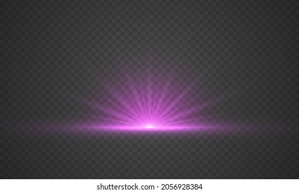 Abstract purple bright sun explosion. Bright violet light rising on transparent background. Blue shine burst star. Flare special effect with rays of light and magic sparkles. Vector illustration.