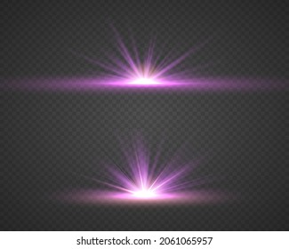 Abstract purple bright sun explosion. Bright violet light rising on transparent background. Blue shine burst star. Flare special effect with rays of light and magic sparkles. Vector illustration.