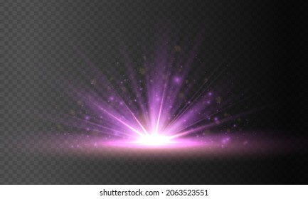 Abstract purple bright sun explosion. Bright violet light rising on transparent background. Blue shine burst star. Flare special effect with rays of light and magic sparkles. Vector illustration.