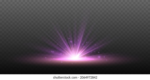 Abstract purple bright sun explosion. Bright violet light rising on transparent background. Blue shine burst star. Flare special effect with rays of light and magic sparkles. Vector illustration.