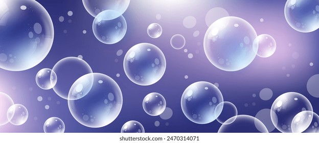 Abstract purple bubbles background. Transparent realistic soap bubble backdrop
