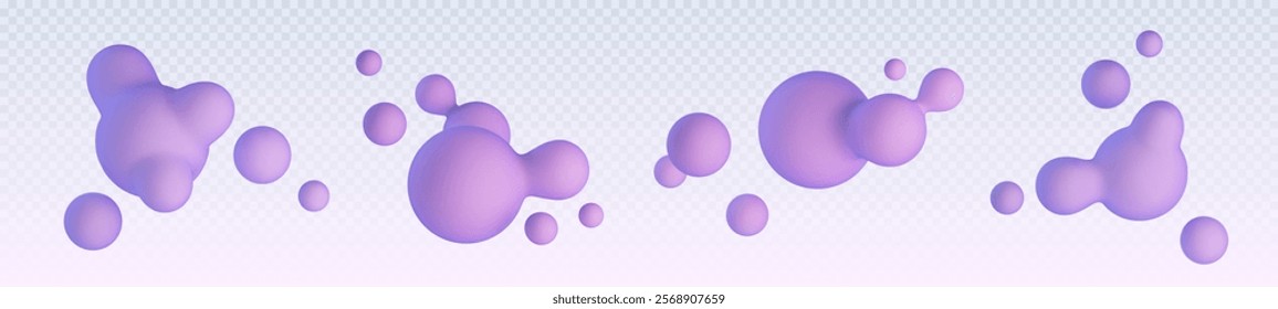 Abstrakte violette Blasen einzeln auf transparentem Hintergrund. Vektorrealistische Illustration von 3D-Kugeln, schwimmenden Morphing-Kugeln, molekularen Formelpartikeln, Farbtropfen, Kosmetikprodukt