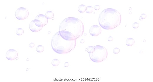 Abstractas conjunto de burbujas púrpuras aisladas sobre fondo transparente. Vector ilustración realista de bolas 3D, esferas de transformación flotantes, partículas de fórmula molecular, gotas de pintura, producto cosmético