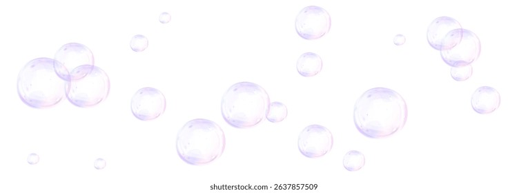 Abstract purple bubbles set isolated on transparent background. Vector realistic illustration of 3d balls, floating morphing spheres, molecular formula particles, paint drops, cosmetic product