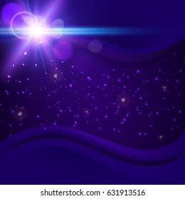 Abstract purple cosmic background. Starry space with sparkles, bokeh and lights. Deep dark space with telescope lens flare effect. Shiny bright flash rays in universe. Big explosion in night sky.