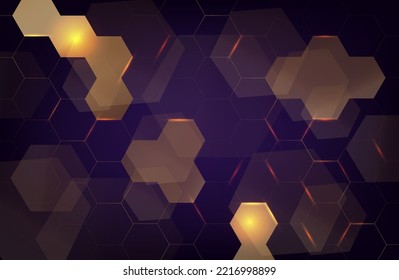 abstract purple dark background with gold hexagons and golden dots. luxury banner. vector illustration