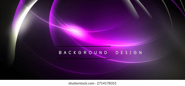 Abstract purple design features curved lines, glowing effects. Background includes text background design centered below shapes. Dark space surrounds central elements.