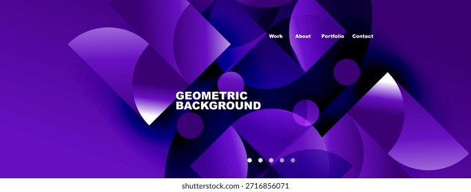 Abstract purple design features flowing shapes, text elements, navigation menu. Modern aesthetic suitable for website header or banner.