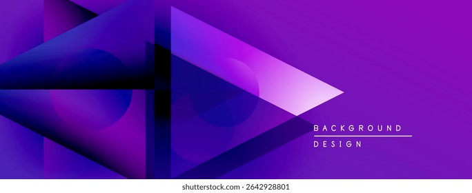 Abstract purple design features geometric shapes, gradients, curves. Modern aesthetic suitable for digital backgrounds, presentations.