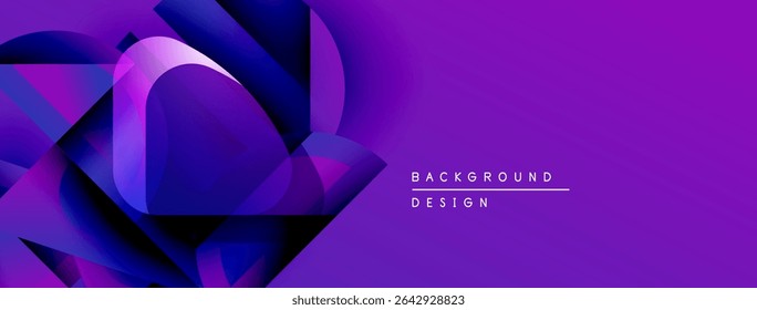 Abstract purple design features geometric shapes, gradients. Modern background ideal for banners, presentations. Vibrant, dynamic composition.