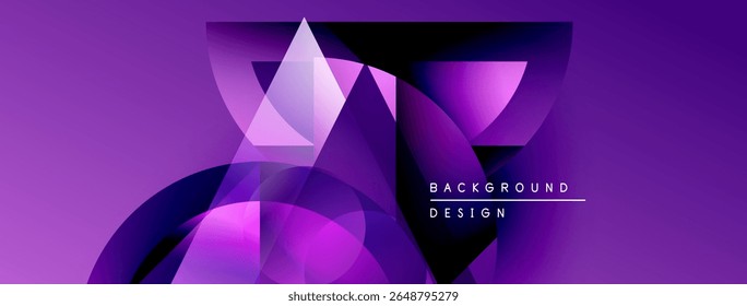 Abstract purple design features geometric shapes, gradients, overlapping layers. Modern background suitable for digital projects.