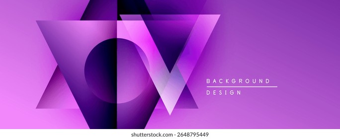Abstract purple design features geometric shapes, gradients, layers. Modern background with text elements, simple composition.